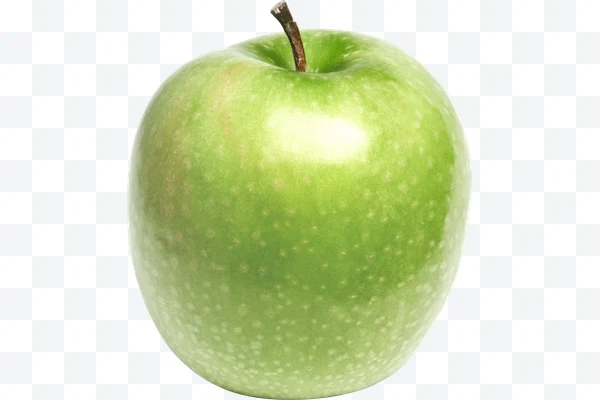 Manzana verde con tallo sobre fondo blanco