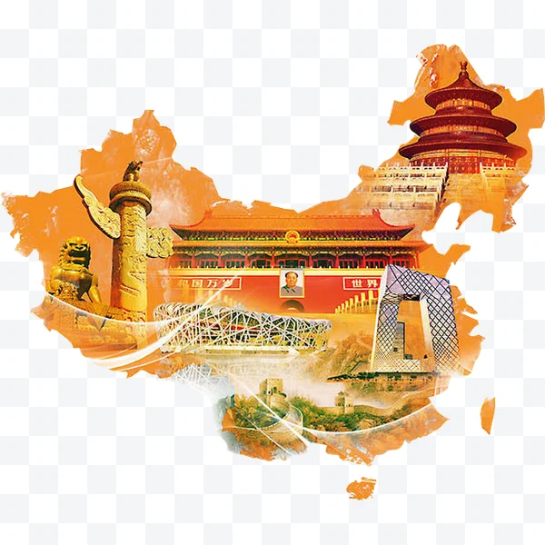 Map of China with iconic monuments in warm colors on a white background