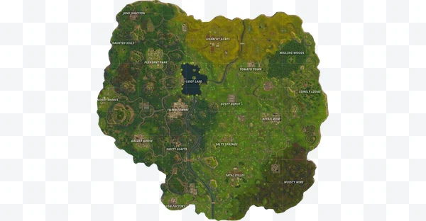 Mapa del juego Fortnite con nombres de ubicaciones como Junk Junction y Anarchy