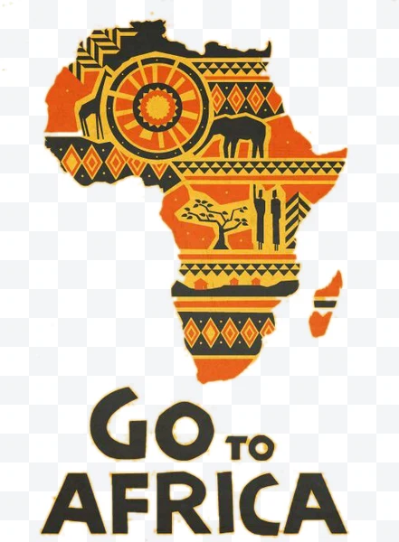 Mapa de África con arte tribal y texto 'Go to Africa'