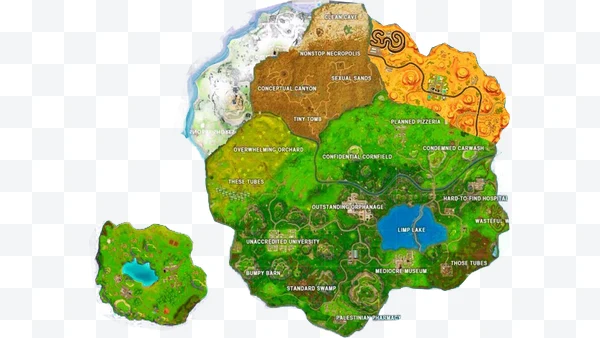 Mapa colorido de Fortnite Temporada 4 con nombres de ubicaciones