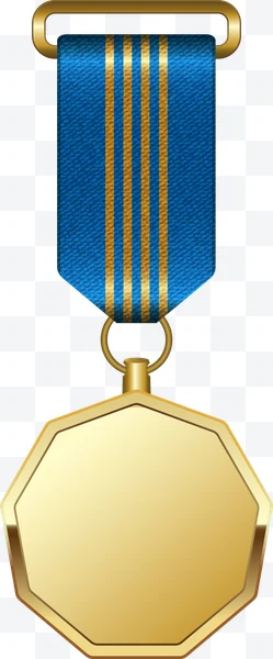 Medalla dorada octagonal con cinta azul y rayas doradas