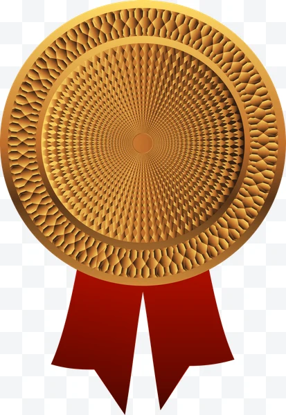Golden medal with textured pattern and red ribbon.