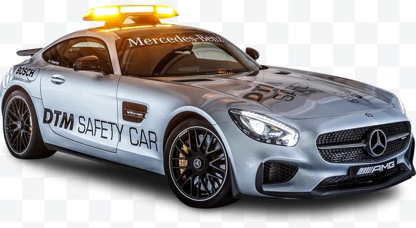 Mercedes-Benz AMG DTM Safety Car plateado con luz amarilla en el techo.