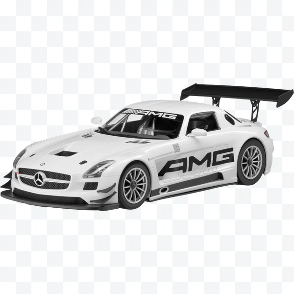 Mercedes-Benz SLS AMG GT3 blanco con alerón trasero grande y logotipo AMG