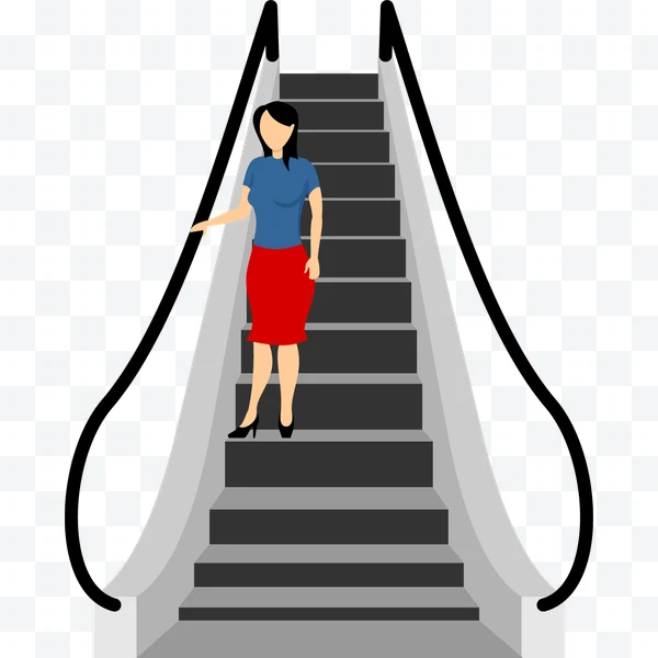 Ilustración de mujer con blusa azul y falda roja bajando escaleras mecánicas