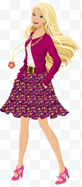 Ilustración de mujer rubia con falda floral morada y chaqueta fucsia