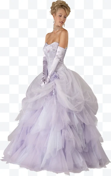 Mujer con vestido de gala lila, guantes largos y collar brillante.
