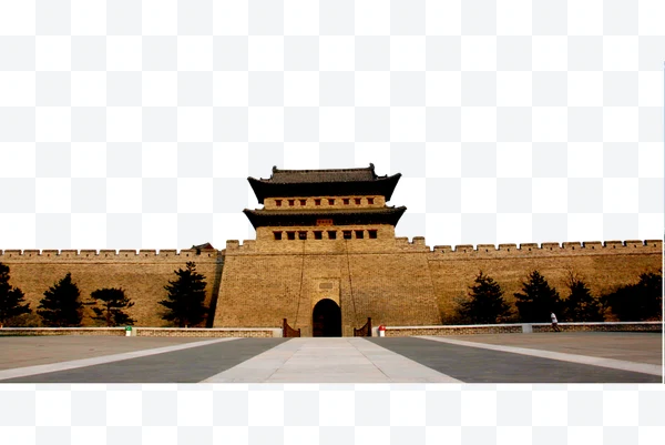 Sección de la Muralla China con torre central y árboles en los laterales.