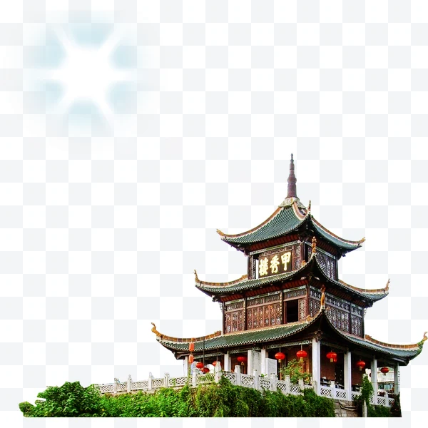 Pagoda china tradicional con tejado verde y linternas rojas colgantes