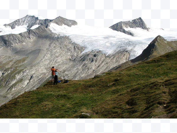 Paisaje de montaña con glaciar y personas