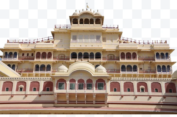 Fachada del Palacio de la Ciudad de Jaipur con ventanas arqueadas y balcones