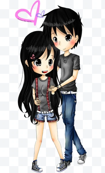Pareja de anime estilo chibi con cabello negro y ropa casual, con un corazón