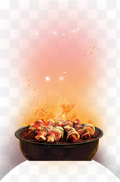 Parrilla con brochetas de carne y vegetales