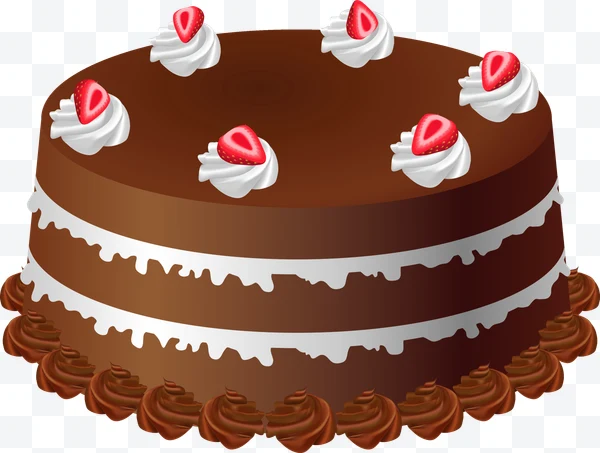 Pastel de chocolate redondo con fresas y crema en la parte superior y alrededor.