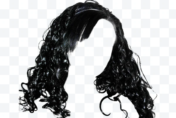 Peluca de cabello rizado negro largo con flequillo