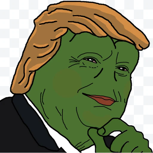 Dibujo de Pepe Trump con cara verde y cabello naranja vestido con traje negro