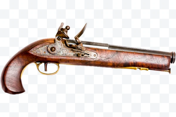 Pistola de chispa antigua con empuñadura de madera y detalles metálicos.