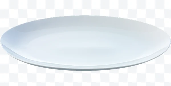 Plato blanco cerámico redondo visto de lado sobre fondo blanco.
