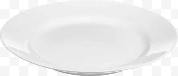 Plato blanco redondo de cerámica lisa visto desde un ángulo bajo