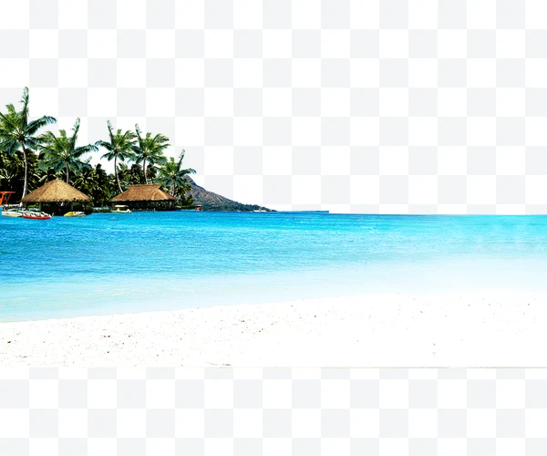 Playa tropical con palmeras y cabañas de paja junto al mar azul