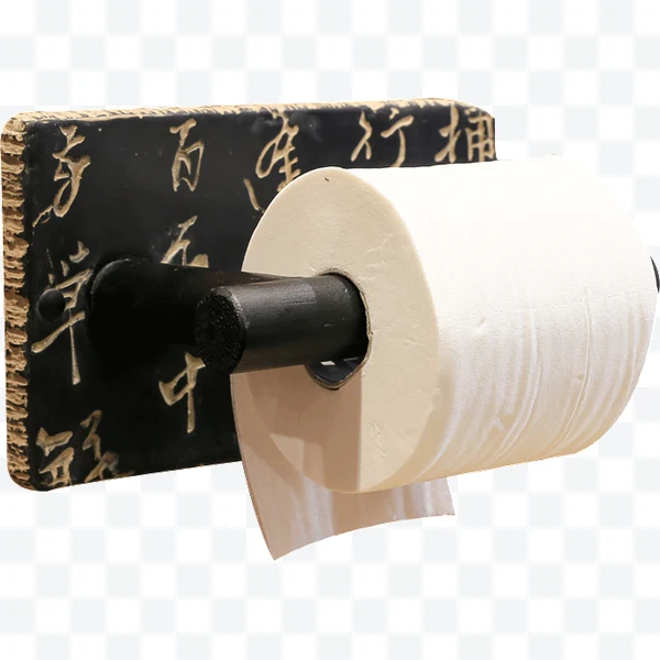 Toilet paper holder with wooden support with Chinese characters