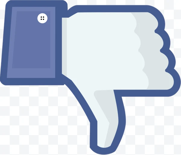 Pulgar hacia abajo de Facebook con contorno azul y mano blanca.