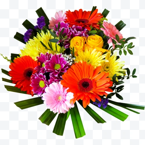 Ramo de flores colorido con flores naranjas, rosas, amarillas, moradas y hojas
