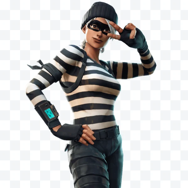 Rapscallion de Fortnite con gorro negro, máscara y camiseta de rayas blancas y