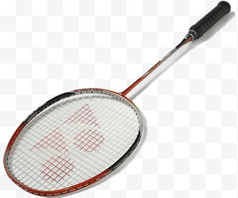 Yonex red and black badminton racket on white background.