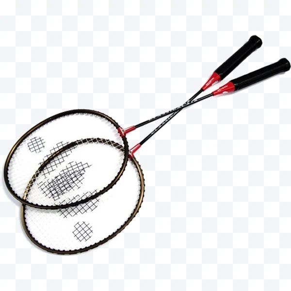 Pair of black badminton rackets with red details crossed