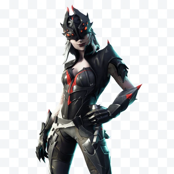 Reina de las Arañas de Fortnite con armadura negra y detalles rojos, casco con