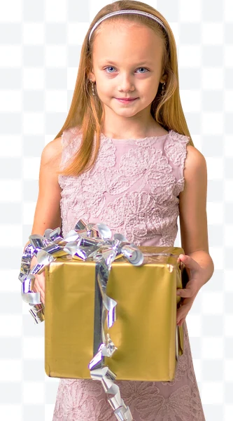 Retrato de Niña con vestido rosa y regalo dorado