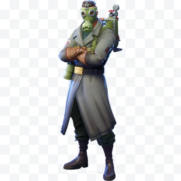 Rook de Fortnite con máscara de gas y abrigo gris de pie con brazos cruzados