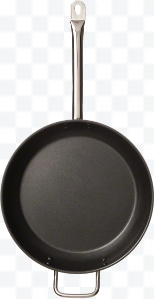 Black non-stick pan with metal handle viewed from above