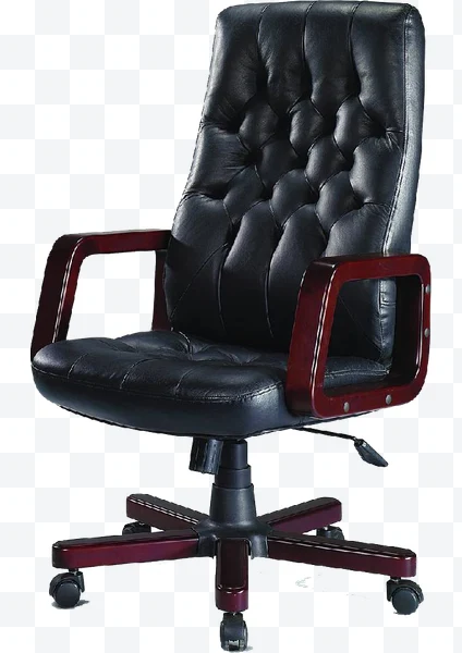 Silla ejecutiva de oficina de cuero negro con brazos de madera y base con