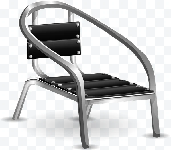 Silla metálica con asiento y respaldo negro y tornillos visibles