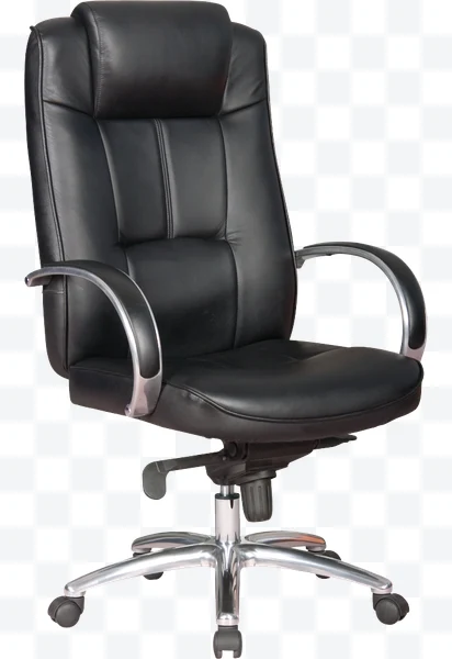 Silla de oficina ejecutiva negra de cuero con brazos metálicos y ruedas