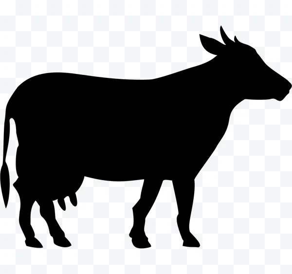 Silueta negra de vaca de perfil con cuernos y ubres.