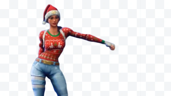 Skin de Fortnite con suéter navideño rojo, gorro de Santa y pantalones azules