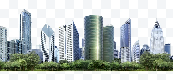 Skyline de ciudad con edificios modernos y árboles