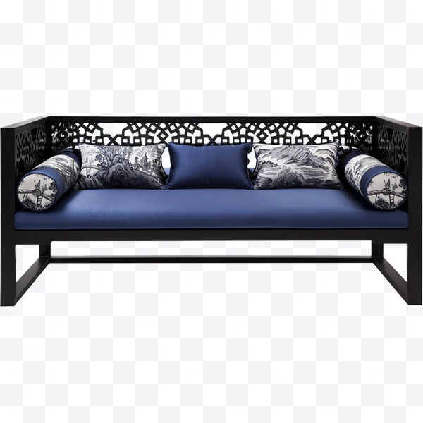 Sofá negro con cojines azules y respaldo con diseño calado.
