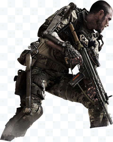 Futuristic soldier with exoskeleton and rifle