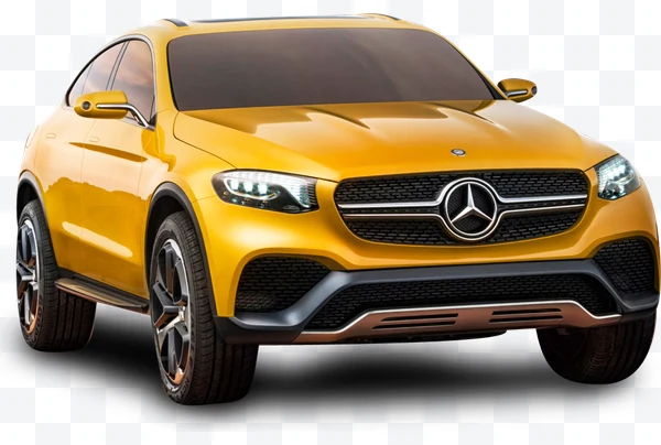 SUV amarillo de Mercedes-Benz visto desde el frente con luces encendidas