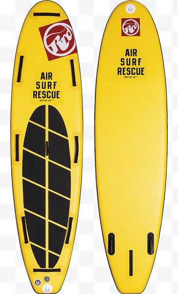 Tabla de surf inflable amarilla RRD Air Surf Rescue vista superior e inferior