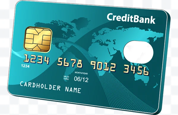 Tarjeta de crédito azul de CreditBank con chip dorado y mapa mundial de fondo
