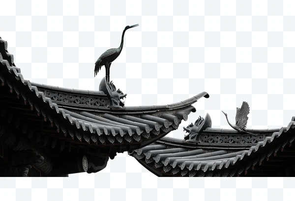 Techo tradicional chino con figuras de grullas y dragones