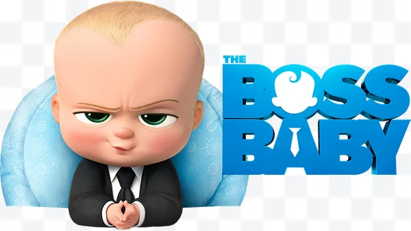 Bebé animado con traje negro y texto azul de The Boss Baby