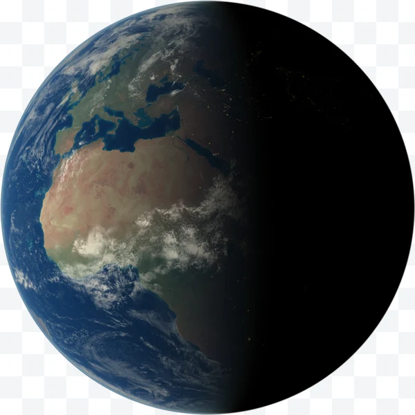 Vista espacial de la Tierra con la mitad iluminada y la otra mitad en sombra,