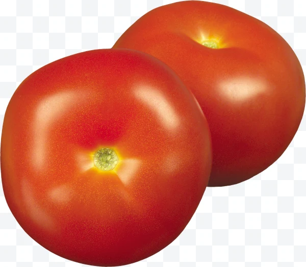 Dos tomates rojos frescos sobre fondo blanco.